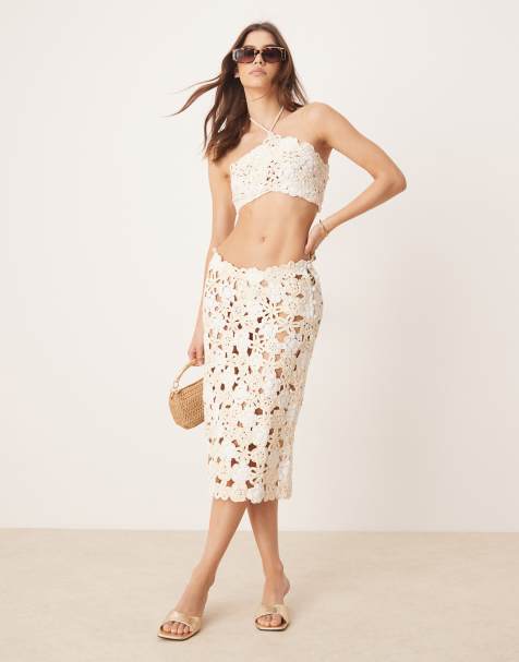 For Love & Lemons floral crochet cover up midi skirt in white - part of a set - view 1