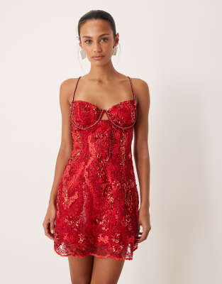 For Love & Lemons Floral Sequin Mini Dress With Underwire Cups In Red