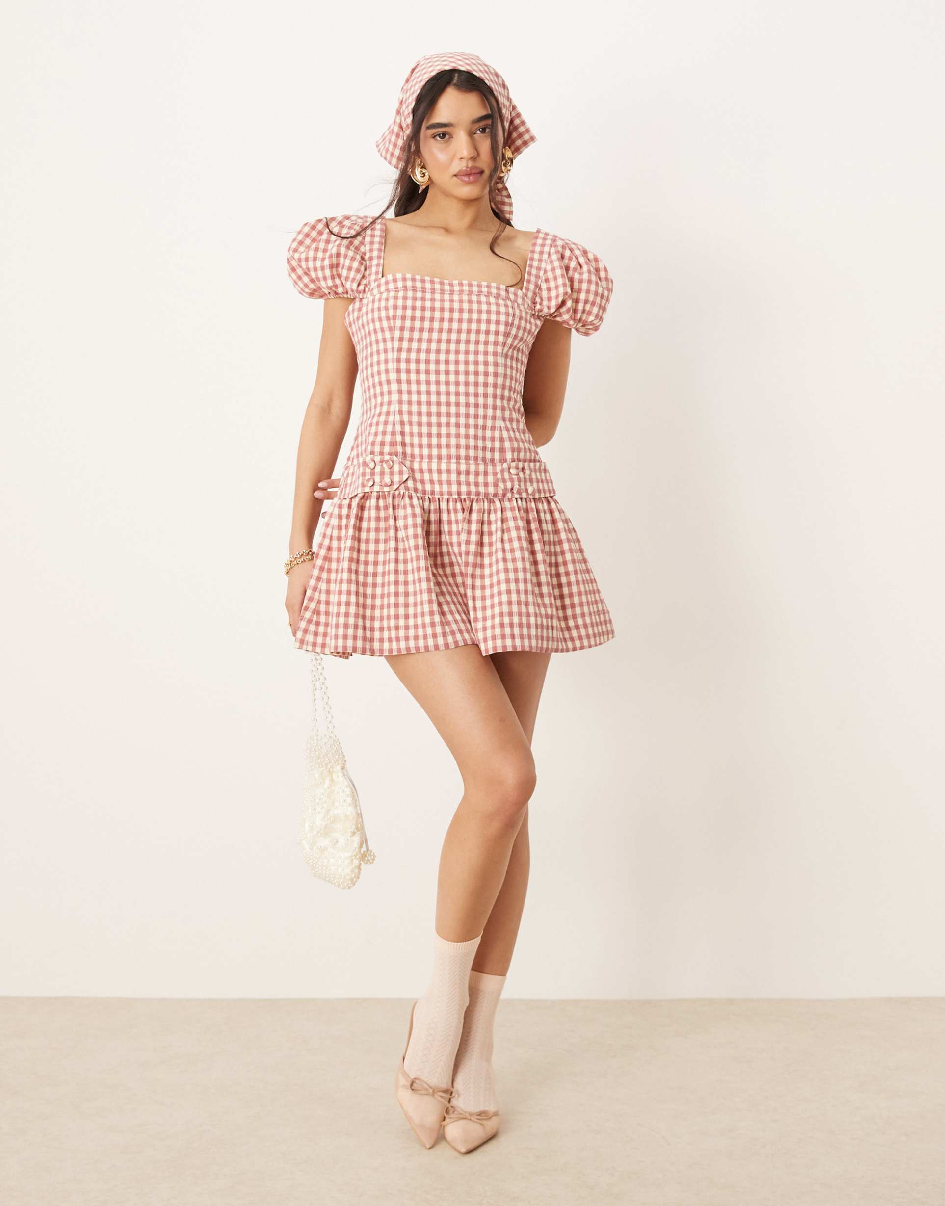 for love & lemons georgia gingham puff sleeve mini dress in white and pink
