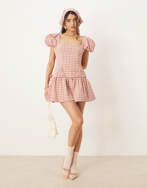For Love & Lemons Georgia gingham puff sleeve mini dress in white and pink