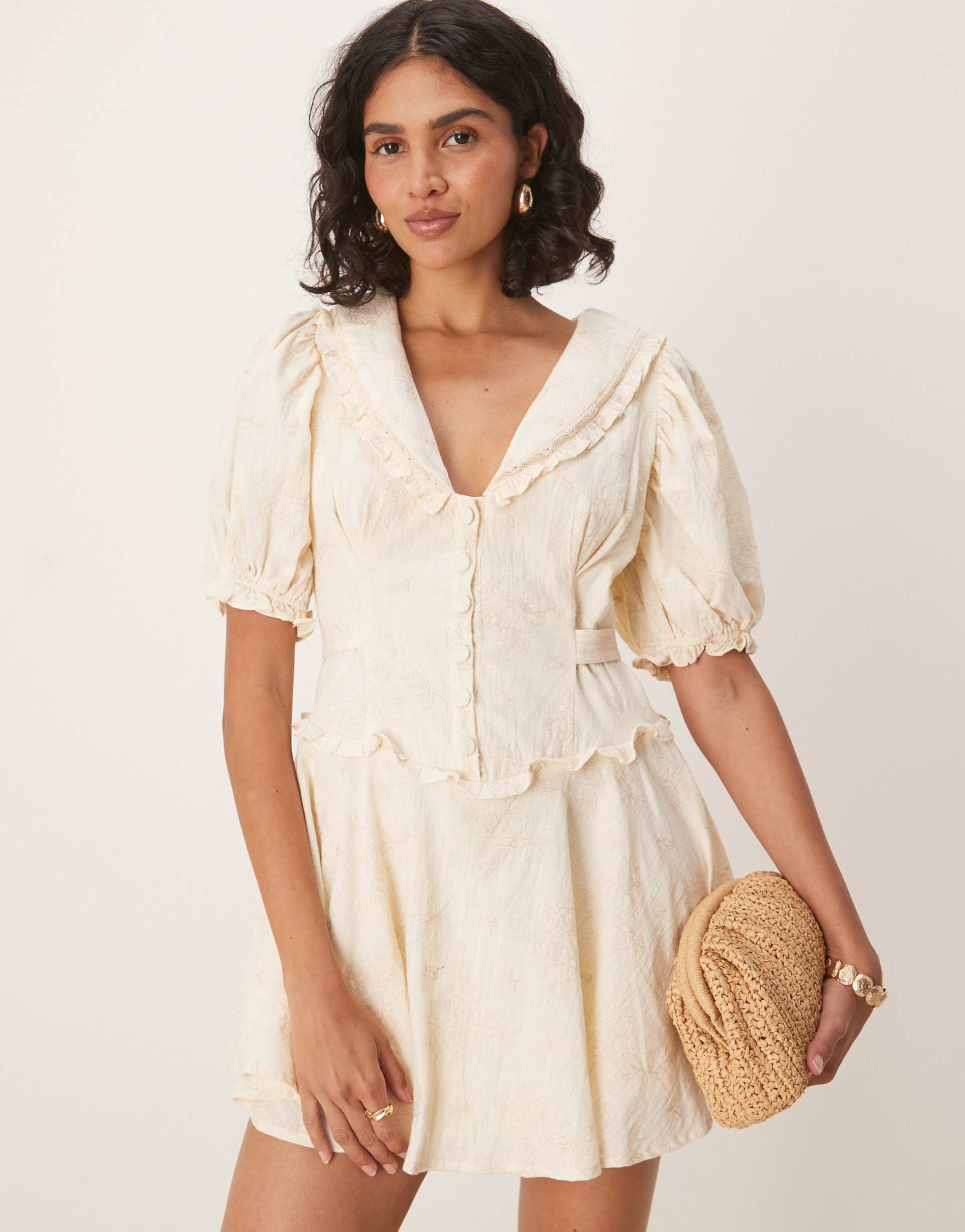 for love & lemons gigi puff sleeve mini dress with ruffles in cream