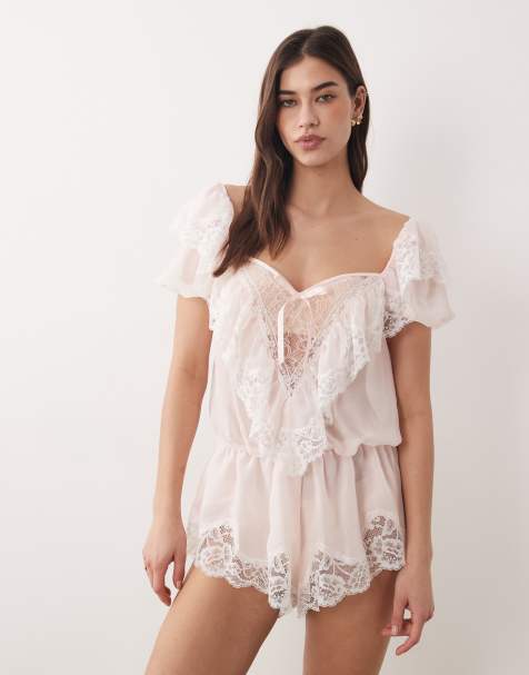 For Love & Lemons Grace lace hem bow detail romper in light pink - view 1