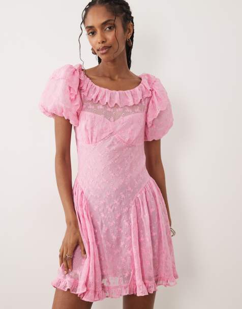 For Love & Lemons Hamptons broderie ruffle neckline puff sleeve mini dress bright in pink