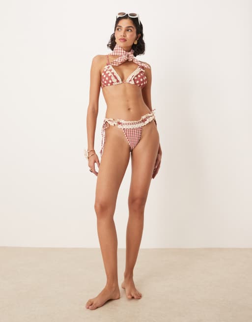 For Love & Lemons - Haut de bikini triangle d'ensemble à pois et à carreaux vichy - Rouge, 2 de 4