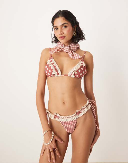 For Love & Lemons - Haut de bikini triangle d'ensemble à pois et à carreaux vichy - Rouge, 4 de 4