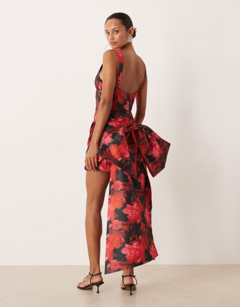 For Love & Lemons high neck mini dress with exaggerated bow back in dark romance red floral - view 1