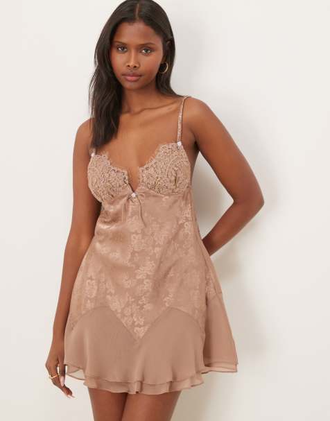 For Love & Lemons - Holly - Vestito sottoveste in pizzo color cioccolato - view 1