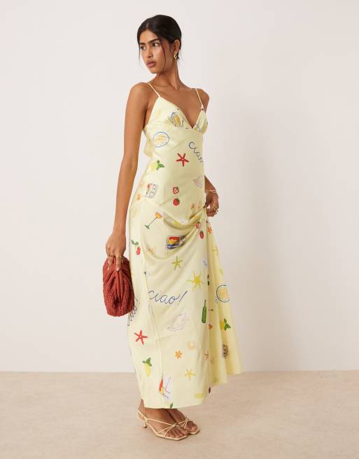 For Love & Lemons Huda slip maxi dress in yellow postcard print, 4 of 4