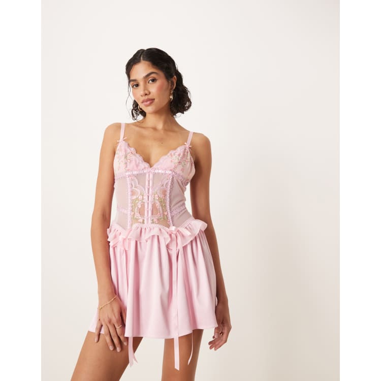 For Love & Lemons Ily embroidery mini dress in pink lace | ASOS