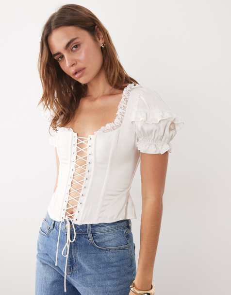 For Love & Lemons Isadora lace up front puff sleeve corset bustier top in cream - view 1