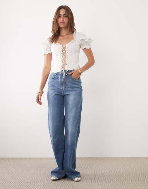 For Love & Lemons Isadora lace up front puff sleeve corset bustier top in cream, 2 of 4