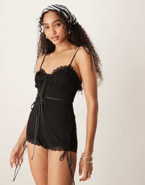 For Love & Lemons Joan ribbon detail romper in black - view 1