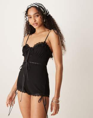 For Love & Lemons Joan Ribbon Details Romper In Black