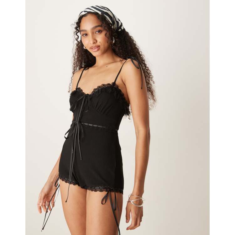 For Love & Lemons Joan ribbon details romper in black | ASOS