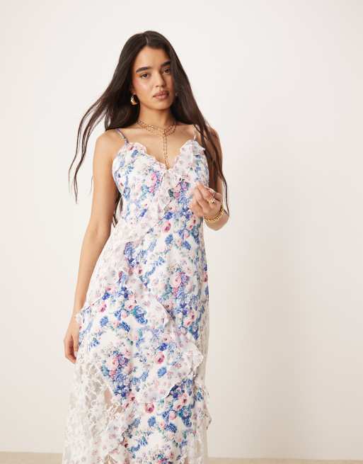 For Love Lemons Josalyn maxi dress with lace insert in blue and pink  floral