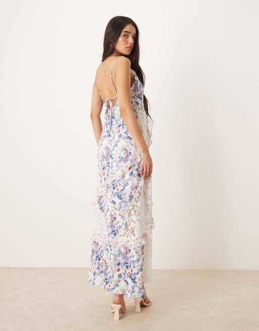 For Love & Lemons Josalyn maxi dress with lace inserts in blue and