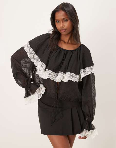 For Love & Lemons June dobby mesh lace trim cape detail blouse in black - view 1