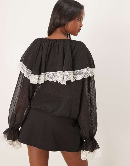 For Love & Lemons June dobby mesh lace trim cape detail blouse in black, 4 of 4