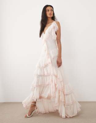 For Love & Lemons Juniper Chiffon V-neck Ruffle Tiered Maxi Dress In Pink