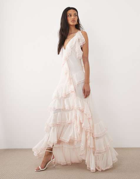 For Love & Lemons Juniper chiffon v-neck ruffle tiered maxi dress in pale pink - view 1