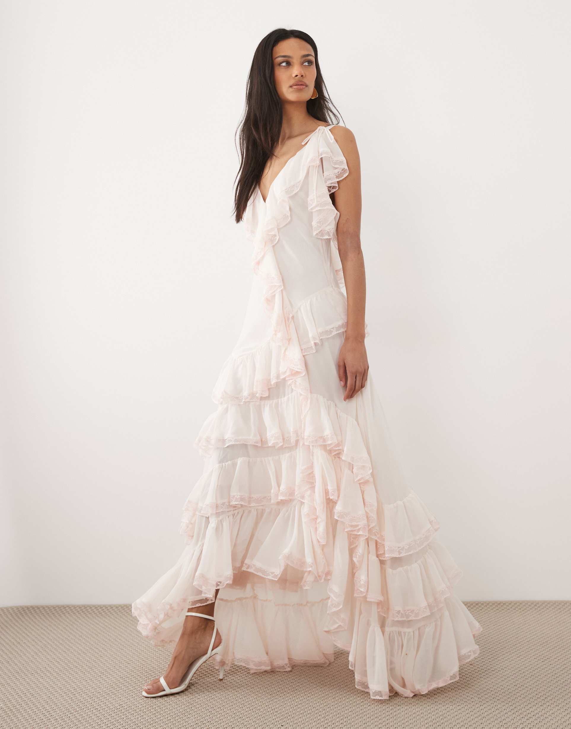 for love & lemons juniper chiffon v-neck ruffle tiered maxi dress in pale pink