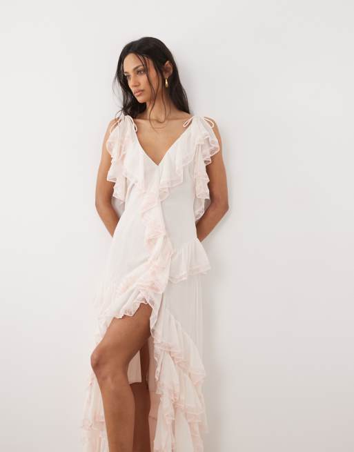 For Love & Lemons Juniper chiffon v-neck ruffle tiered maxi dress in pale pink, 2 of 4