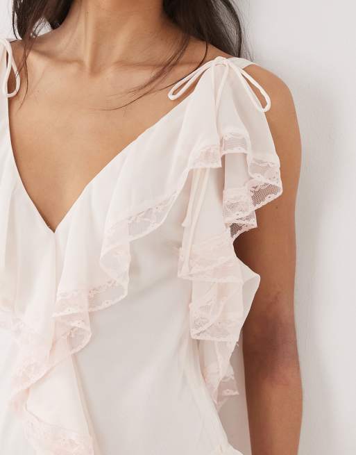 For Love & Lemons Juniper chiffon v-neck ruffle tiered maxi dress in pale pink, 4 of 4