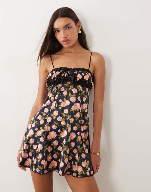 For Love & Lemons Kayla night slip dress in black multi, 4 of 4