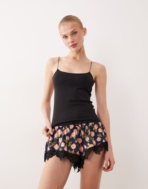 For Love & Lemons Kayla sleep shorts in black multi - view 1
