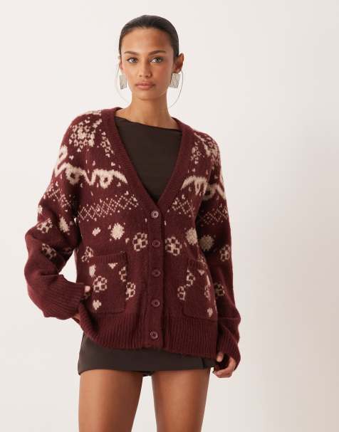 For Love & Lemons knit oversized button down cardigan in burgundy - view 1