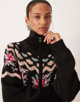 For Love & Lemons Knit Zip Up Long Sleeve Printed Sweater In Black