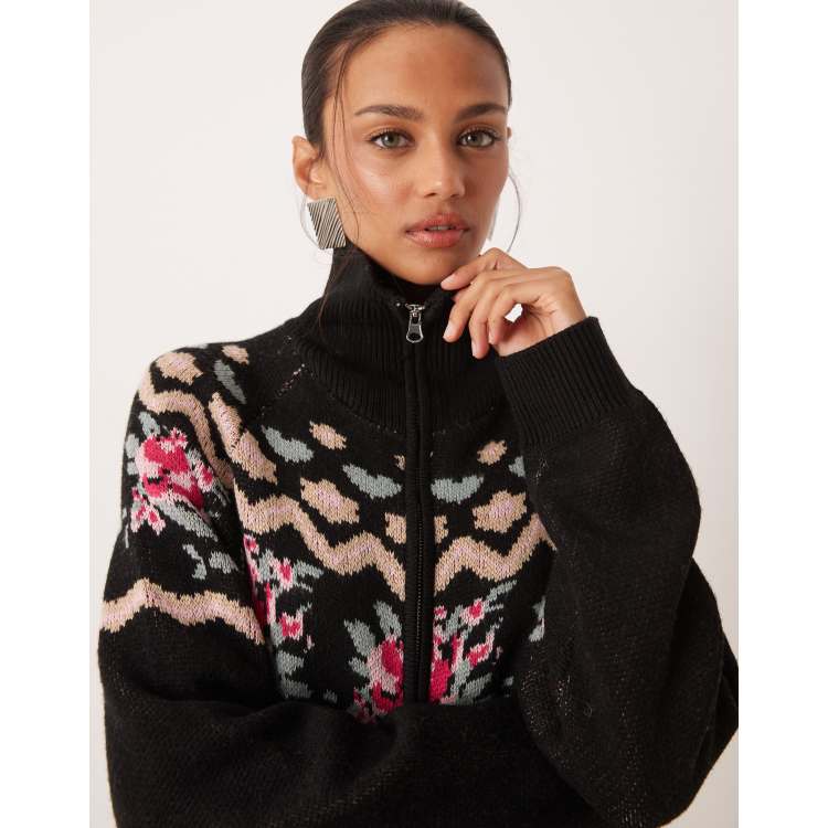 For Love & Lemons knit zip up long sleeve printed sweater in black
