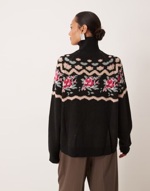 For Love & Lemons knit zip up long sleeve printed sweater in black , 3 of 4