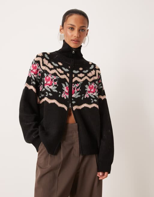 For Love & Lemons knit zip up long sleeve printed sweater in black , 4 of 4