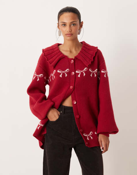 For Love & Lemons knitted large collar button down cardigan in red 