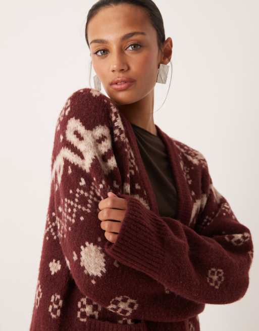 For Love & Lemons knitted oversized button down cardigan in burgundy , 2 of 4