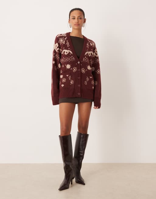For Love & Lemons knitted oversized button down cardigan in burgundy , 3 of 4