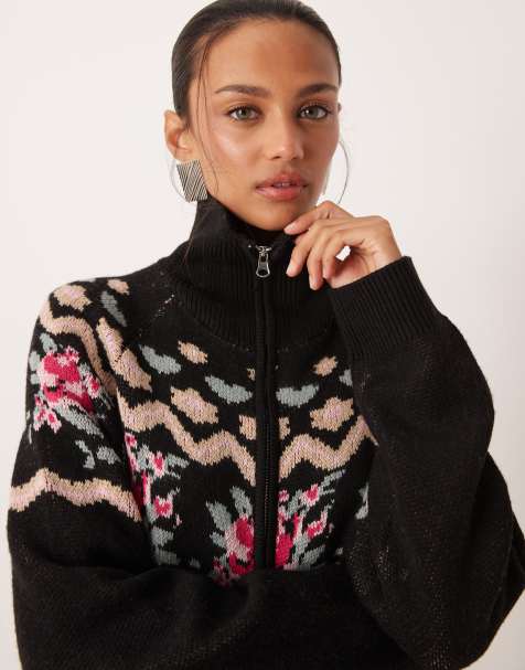For Love & Lemons knitted zip up long sleeve printed jumper in black 