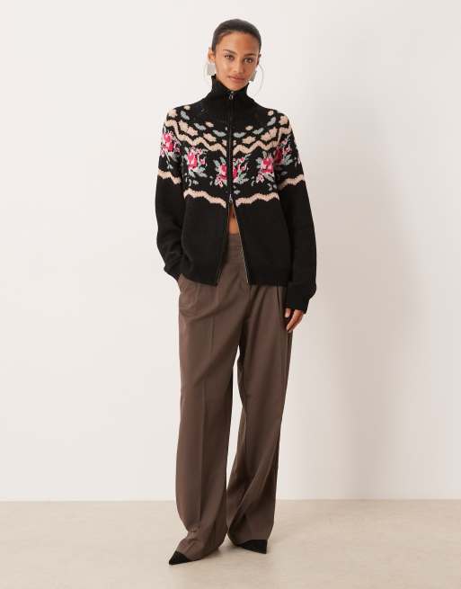 For Love & Lemons knitted zip-up long sleeve printed jumper in black , 2 of 4