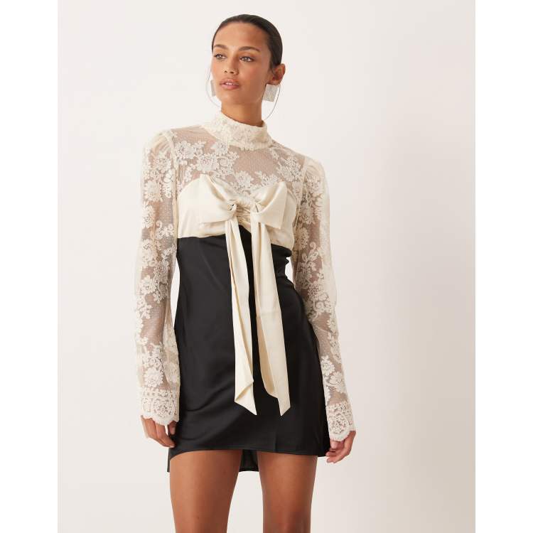for love and lemons long sleeve dress For Love & Lemons lace and satin mix long sleeve mini dress with bow bust  detail in cream