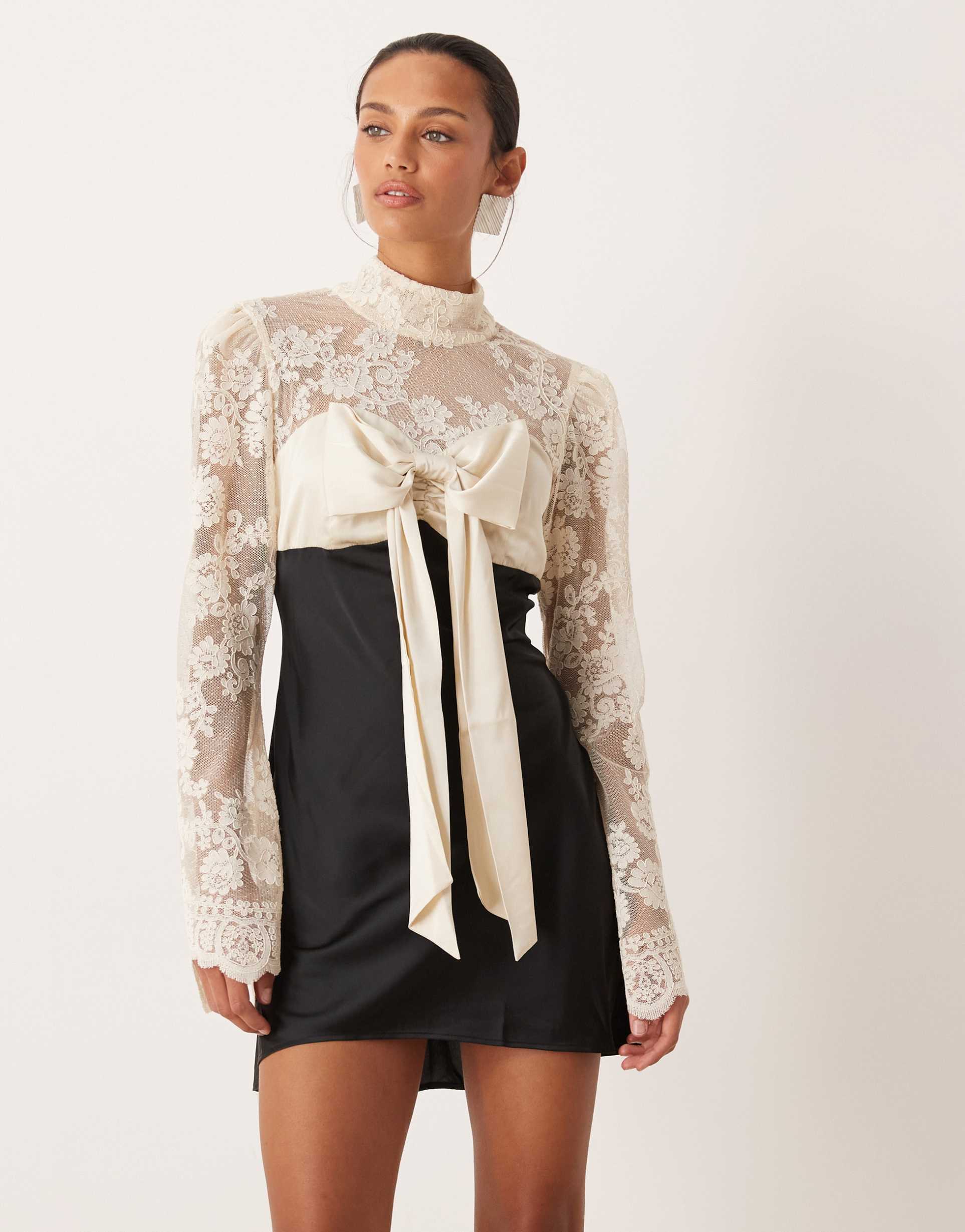 for love & lemons lace and satin mix long sleeve mini dress with bow bust detail in cream