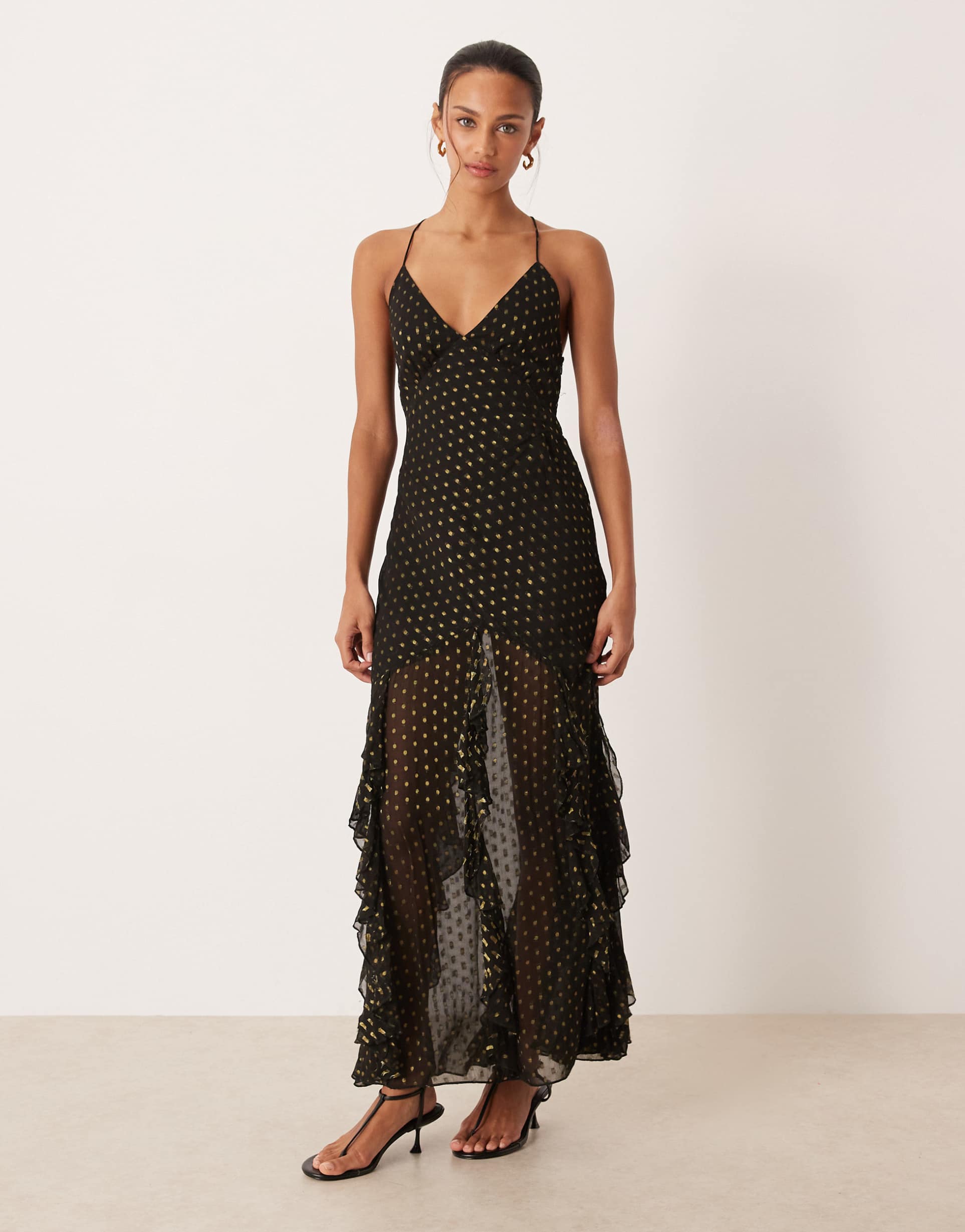 for love & lemons lace-up back strappy maxi dress in black polka dot print