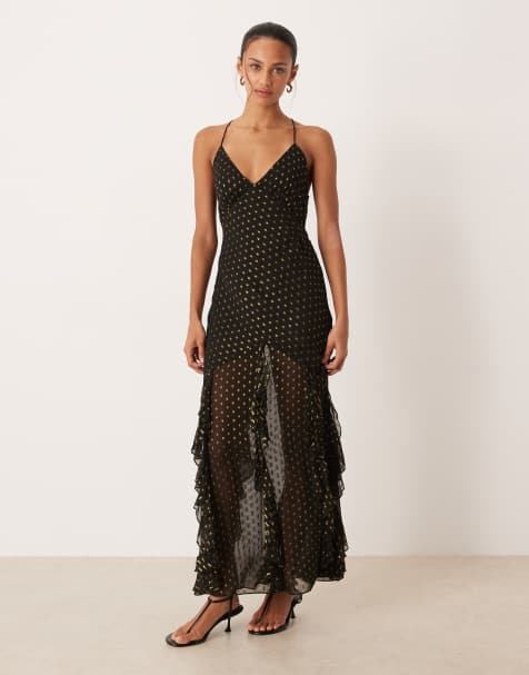 For Love & Lemons lace up back strappy maxi dress in black polka dot print