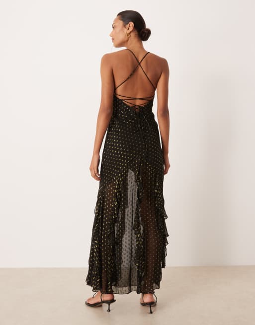 For Love & Lemons lace up back strappy maxi dress in black polka dot print 