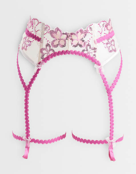For Love & Lemons Lanai embroidered floral garter belt in pink - view 1
