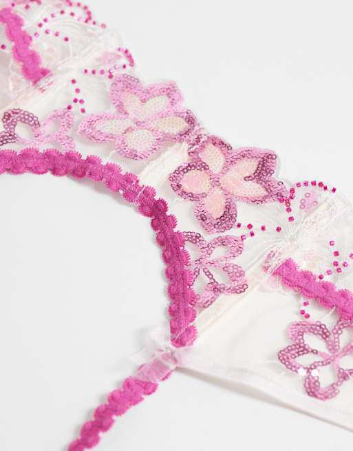 For Love & Lemons Lanai embroidered floral garter belt in pink, 3 of 4
