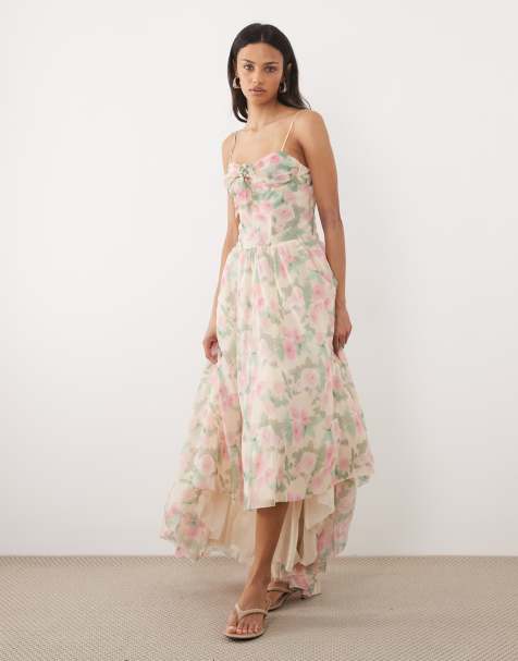 For Love & Lemons Lilou corsetjurk met beugel, asymmetrische zwierige zoom, maxi in roze bloemenprint - view 1