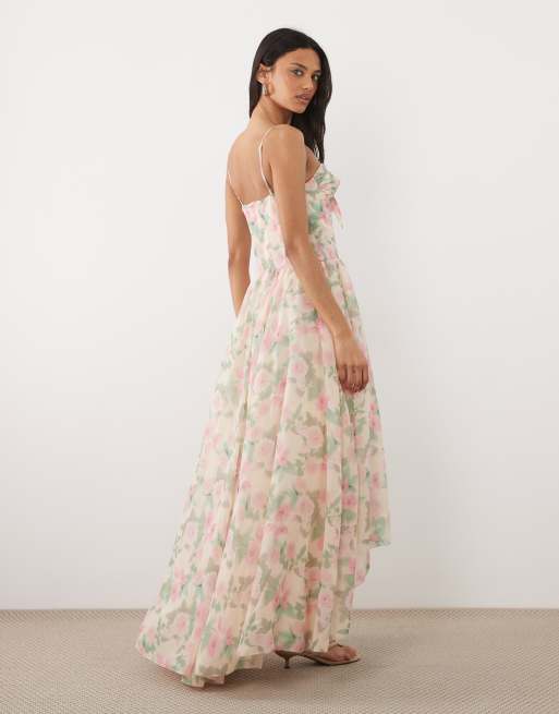 For Love & Lemons Lilou underwire-korsett med asymmetrisk, luftig fåll maxiklänning i rosa blommigt, 4 av 4