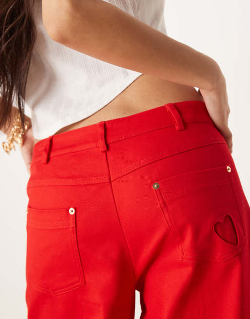 For Love & Lemons - Lipstick - Jeans extra ampi in denim rosso acceso in coordinato, 4 di 5