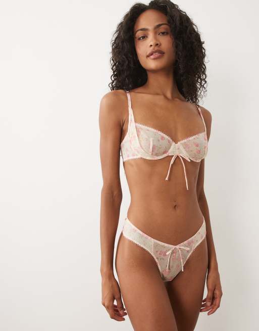 For Love & Lemons - Lottie - Conjunto color crema con estampado floral de tanga y sujetador con aros